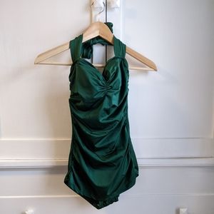 Modcloth retro one-piece iridescent emerald green swimsuit, size vintage 6 (XS)